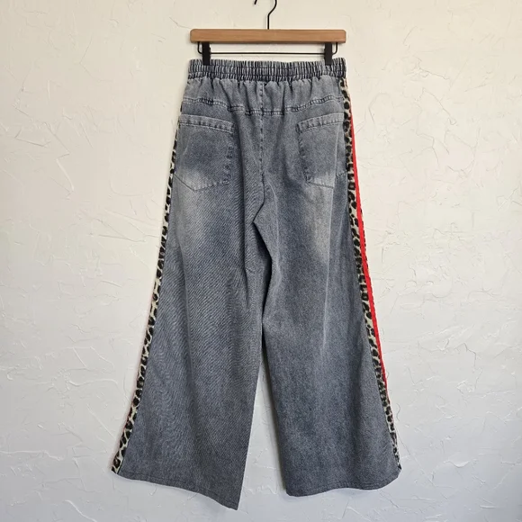 Jodifl Wide Leg Red Leopard Striped Track Elastic Waist Jeans, M - Picture 7 of 10